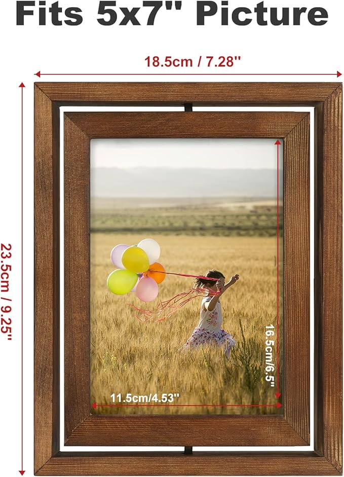 Egofine 2 Pack 5x7 Rotating Floating Picture Frames,Double-Sided Display with HD Glass Front Wooden Distressed Frame for Vertical or Horizontal Tabletop Display, Carbonization