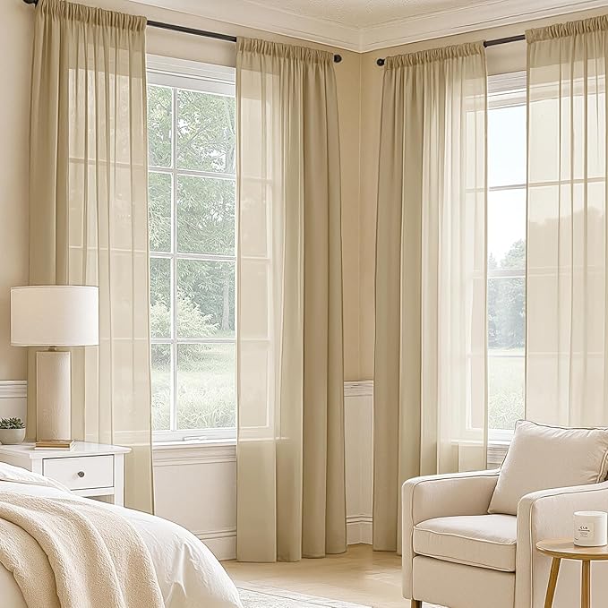 MIULEE Beige Sheer Curtains 72 Inches Long, 4 Panels Set, Rod Pocket Voile Drapes Light Filtering and Semi Transparent, Elegant Window Treatments for Bedroom Living Room,54 x 72 Inches