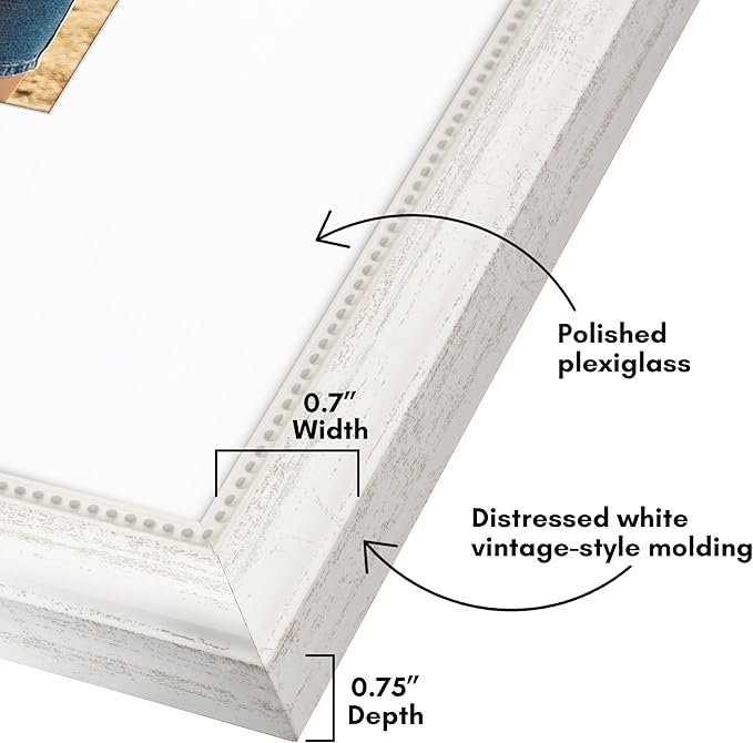 Americanflat Vintage Frames - 16x20 Picture Frame with Beaded Accents and Polished Plexiglass - Use as 11x14 Frame or Display 16x20 Photos Without Mat - Heirloom Collection - Wall Display - White