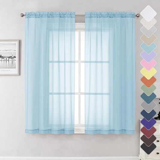 Lecloud Solid Voile Sky Blue Sheer Curtains 63 Inch Length 2 Panels, Dual Rod Pockets Window Light Filtering Curtain for Living Room and Girls Bedroom, Gauzy Kitchen Light Blue Drapes, 40x63 Inches