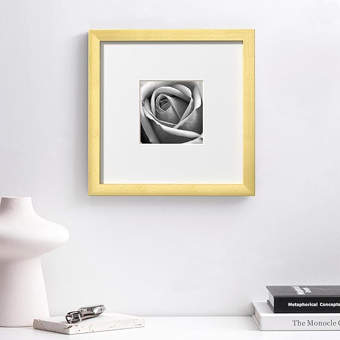 eletecpro 10x10 Picture Frames Set of 9 with Mat for 5x5 Photos or without Mat for 10x10, Square Gallery Wall Decor Collage for Picture Display, Gold Frame Set for Wall Hanging