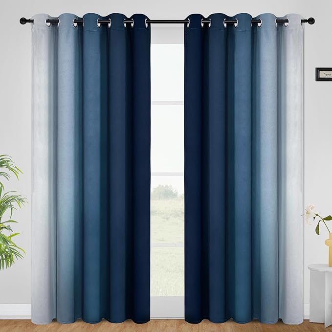 COSVIYA Curtains & Drapes Ombre Blue Curtains 84 inch Length 2 Panels, Grommet Room Darkening Light Blocking Insulated Thermal Gradient Window Curtains for Bedroom/Living Room,62x84 inches
