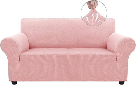 Asnomy Sofa Covers for 2 Cushion Couch Stretch loveseat Covers Slipcovers, Pet Protector Furniture Covers for Dogs Cats Spandex Jacquard Fabric Small Checks （Medium，Pink）