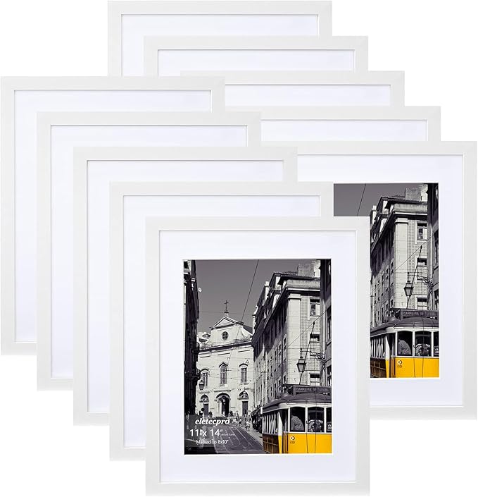 eletecpro 11x14 Picture Frames Set of 10, Picture Frame Collage Wall Decor Display 8x10 Photo with Mat or 11x14 without Mat, Home Decor Gallery Wall Frame for Wall Mounting, White