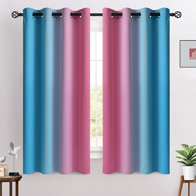 COSVIYA Grommet Ombre Room Darkening Curtains 63 inches Length for Kids/Girls Bedroom, Polyester Light Blocking Pink and Blue Gradient Window Drapes/Curtains for Living Room,2 Panels, 52x63 inches