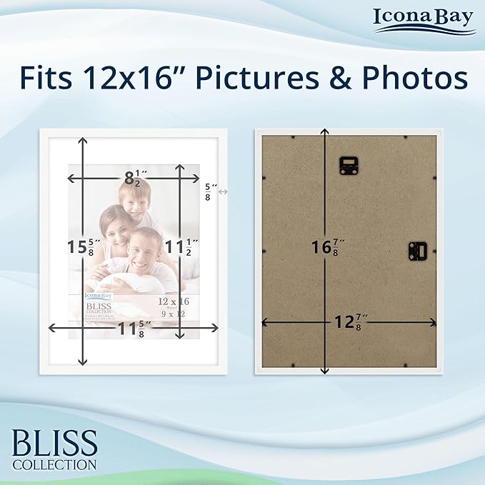 Icona Bay 12x16 White Picture Frame with Removable Mat to 9x12 Photo, Modern Style Wood Composite Poster Frame, Wall Mount Only, Bliss Collection