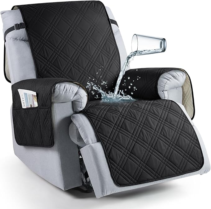 TAOCOCO 100% Waterproof Recliner Chair Covers, Non Slip Recliner Covers for Recliner Chair with Pocket, Washable Reclining Chair Cover Furniture Protector for Kids,Dogs(25'', Black)
