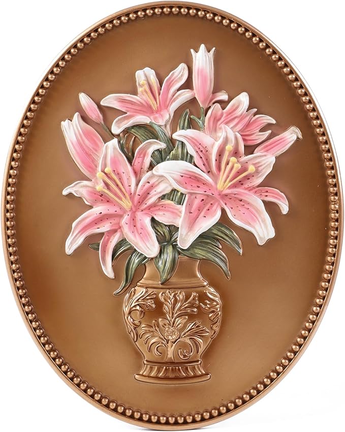SIKOO Vintage Wall Sculptures Bronze Gold Lily Wall Art Hand Painted Ornate Wall Hanging Decoration Antique Pediment Wall Statue Ornament Decor Gallery for Kitchen Bedroom Living Room