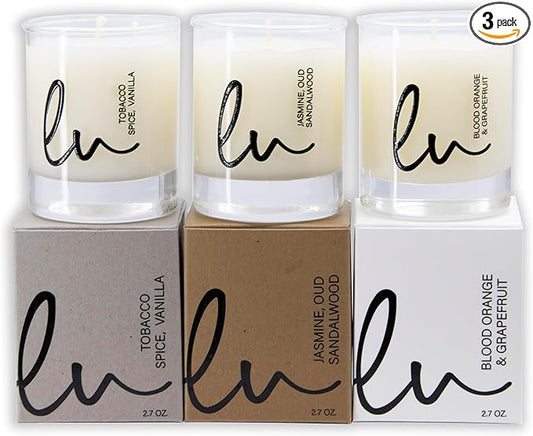 Lulu Candles | Jasmine, Oud & Sandalwood, Tobacco Spice & Vanilla, Blood Orange & Grapefruit | Luxury Scented Soy Jar Candle | Hand Poured in The USA | Highly Scented (Gift Set 3 PC - 2.7 Oz Votives)