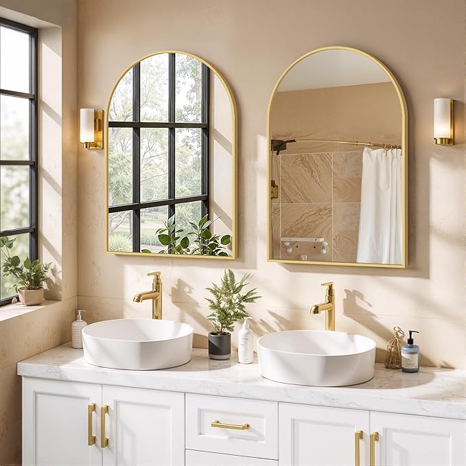 Arched Wall Mirror 36x24 Inch Gold Bathroom Vanity Mirror with Metal Frame, Modern Arch Mirror for Bedroom, Living Room, Entryway, Wall Mounted Decorative Mirror