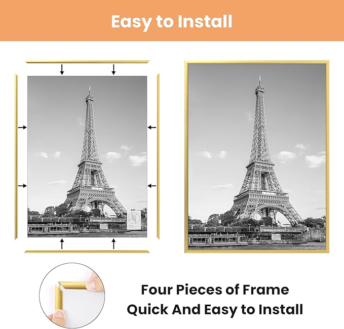 upsimples 18x24 Picture Frame Gold 3 Pack, Scratch-Proof Poster Frames 18 x 24 for Photo Gallery - Slide-In Strips, Horizontal or Vertical Wall Mounting