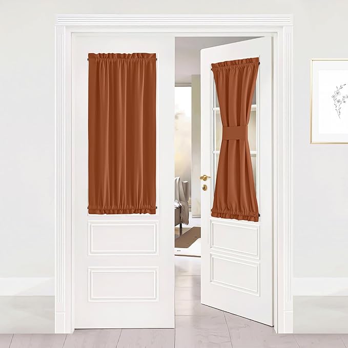 NICETOWN Door Curtains for Small Window, Thermal Insualted Rod Pocket Short Front Sidelight Curtain for Back French Door Halloween Decor Window Cover with Tieback, 1 Panel (Burnt Orange, W25 x L40)