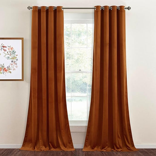 StangH Burnt Orange Velvet Drapes 90 inches Long, Grommet Thick Soft Room Darkening Window Panels for Bedroom, Thermal Insulated Sliding Door Covering, W52 x L90 Each Panel, 2 Panels