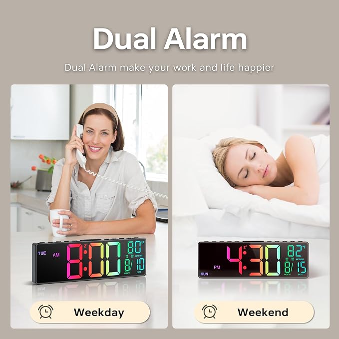 JALL 10.5'' Large Digital Alarm Clock with Big LED Number for School Classroom, Remote Control, RGB Colors,Timer, Dual Alarm, Temperature for Bedroom, Living Room, Gift for Senior Student Teacher - Image 8
