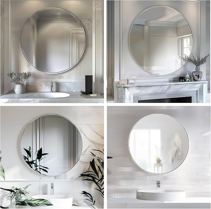 Sunniry Silver Round Mirror 24 inch, Circle Mirror with Metal Frame, Silver Circle Mirrors for Living Room, Bathroom, Wall, Hallway.