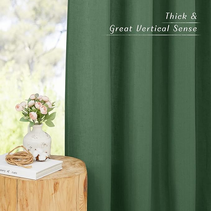 NICETOWN Thick Linen Blend Flax Window Curtains, Grommet Vertical Drapes Privacy Added with Light Through Window Treatment for Bedroom/Living Room, Olive Green, W55 x L72, 2 Panels