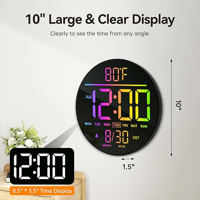 JALL 10" Large Digital Wall Clock with Seconds, Alarm Countdown Timer, Big LED Display, RGB Color, DST, Temperature, Mounted for Bedroom Living Room Office Classroom Gym, Xmas Birthday Gift, White