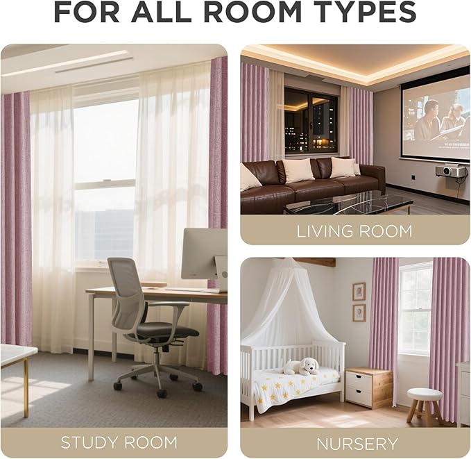 Joydeco Blackout Curtains for Bedroom - 100% Light Blocking 2 Panels Set Pink Drapes 66" W x 96" L, Thermal Insulated Room Darkening Curtains, Linen Textured for Living Room, Rod Pocket & Back Tabs