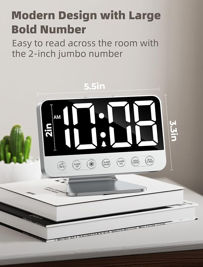 Odokee Digital Alarm Clocks for Bedrooms: Easy to Read Across The Room | Large Bold Number 5 Brightness Dimmer - 8 Night Light 5 Sound - Loud Alarm for Heavy Sleepers with Adjustable Volume - Silver - Image 2