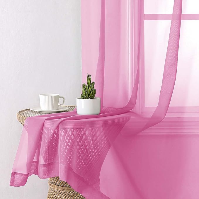 Lecloud Hot Pink Sheer Curtains 96 Inches Long 2 Panels, Rod Pockets Solid Voile Living Room Curtains for Bedroom Dining Room, Light Filtering Airy Vintage Farmhouse Drapes, Each Panel 42" W x 96" L