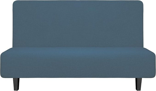 Easy-Going Stretch Futon Sofa Slipcover Armless Sofa Bed Cover Furniture Protector Without Armrests with Elastic Bottom for Kids,Soft Jacquard Fabric Small Checks（Medium Futon,Bluestone