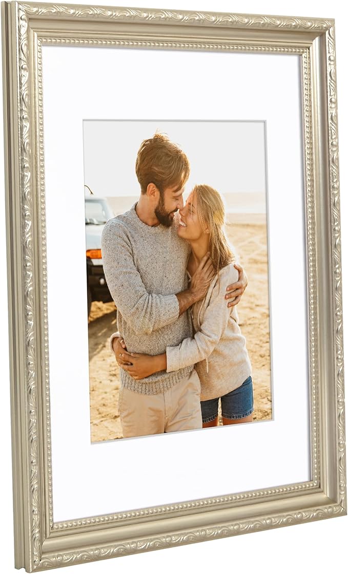 Americanflat 11x14 Picture Frame with Shatter-Resistant Glass - Use as 8x10 Frame with Mat or Display 11x14 Photo Without Mat - Ornate Picture Frames for Wall Display - Silver