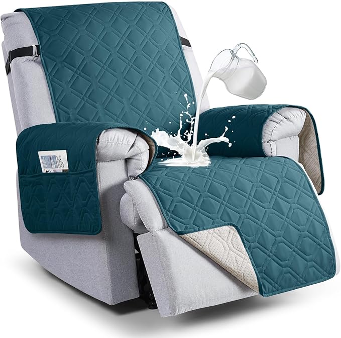 VANSOFY 100% Waterproof Recliner Chair Covers, Recliner Cover Non-Slip Dog Chair Cover Furniture Protector Washable Slipcover with Pocket, Elastic Straps for Pets, Dogs(Peacock Blue, 20")