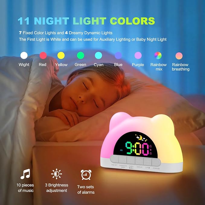 Azyh Alarm Clock for Kids, Ok to Wake Clock with Green Light Red Light, Children's Sleep Trainer,10 Ringtones,3 Brightness, Dual Alarms, Digital Alarm Clock for Adults Boy Girl Toddler Bedroom - Image 5
