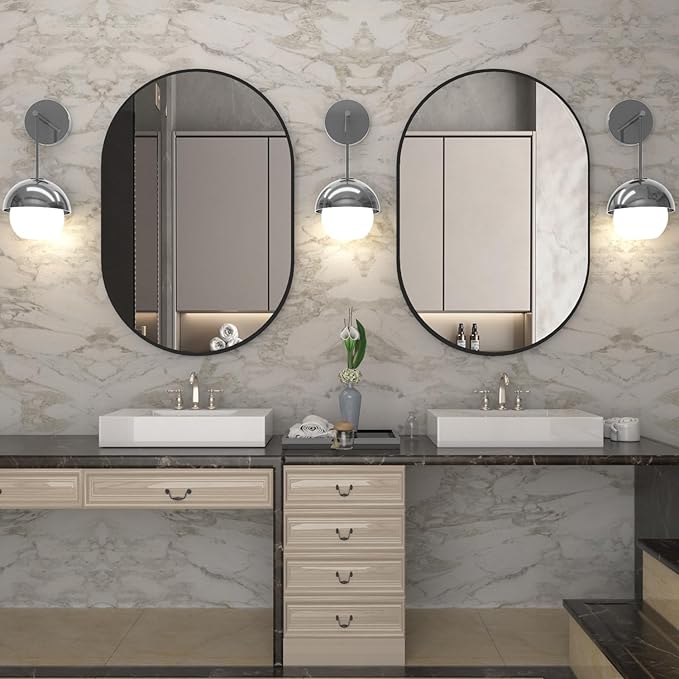 2 Piece Oval Bathroom Mirror Capsule Wall Vanity Mirror, 20"x30" Pill Mirrors Wall Mounted Mirror, Large Modern Mirror with Black Metal Frame, Decor for Entryway, Bedroom, Living Room