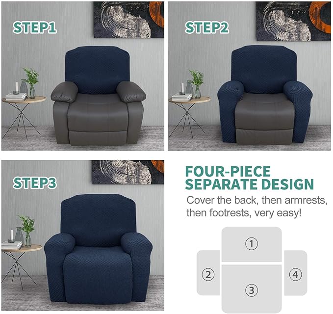 YEMYHOM 4 Pieces Oversized Stretch Recliner Slipcover Latest Jacquard Large Recliner Chair Cover with Side Pocket Anti-Slip Fitted Furniture Protector with Elastic Bottom (X-Large Recliner, Navy)