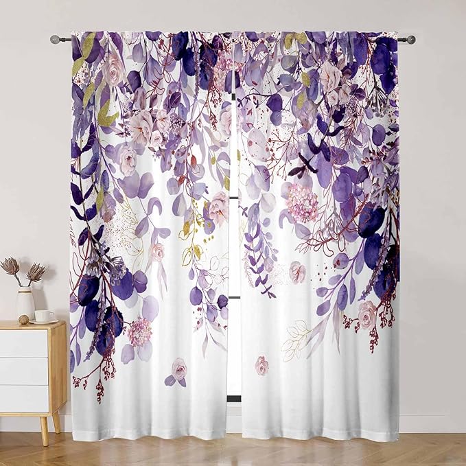 Purple Floral Sheer Curtains 84 Inch Length 2 Panels, Eucalyptus Leaves Botanical Light Filtering Privacy Semi-Sheer Vintage Curtains for Bedroom Living Room, Watercolor Flower Pink Plant Curtain