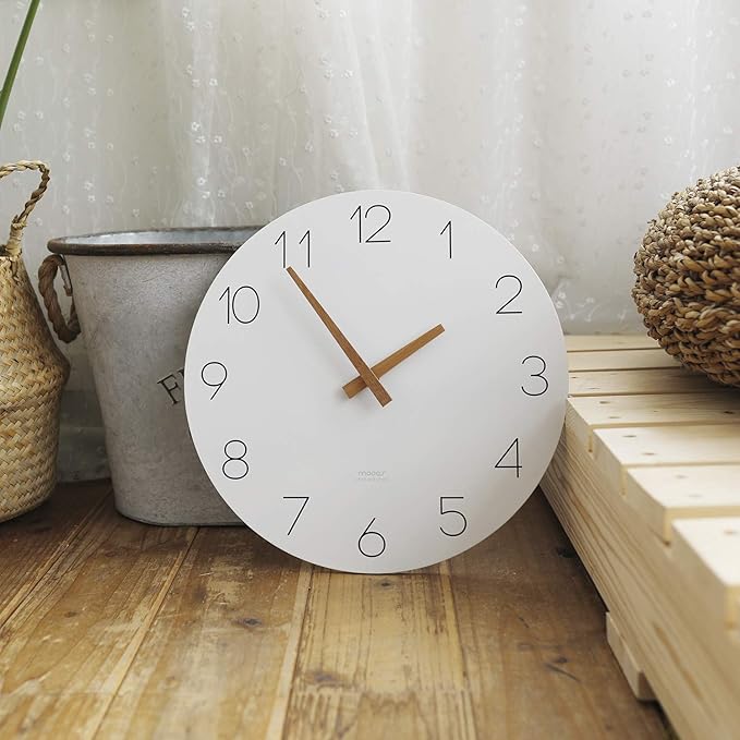 mooas Flatwood Wall Clock, Analog Wall Clock, Silent Non-Ticking 12 inch Modern Wall Clocks Battery Operated for Office, Home, Bathroom, Kitchen, Bedroom, School, Living Room