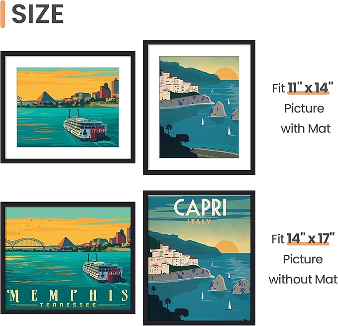 upsimples 14x17 Picture Frame, Display Pictures 11x14 with Mat or 14 x 17 Without, Wall Hanging Diploma Frames, Black, 1 Pack
