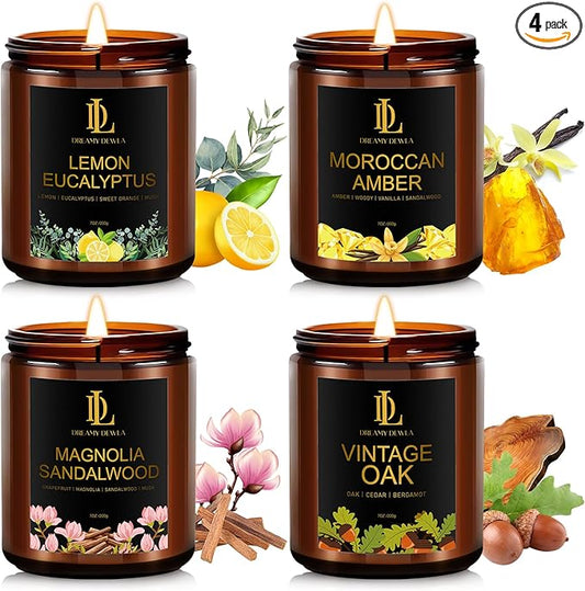Candles Gifts for Women Men, Candle for Home Scented, 4Pack 28oz Soy Candles Set, Scents of Lemon Eucalyptus/Moroccan Amber/Magnolia & Sandalwood/Vintage Oak