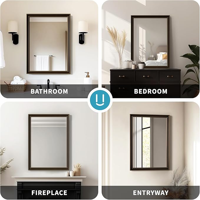 Retro Copper Effect Framed Wall Mirror, 24x36 Rectangle Mirror, Anti-desilvering Tempered Glass, Sustainable& Sturdy Frame, Farmhouse Mirror, Anti-Rust, 3min Fast Setup for Bathroom Living Room