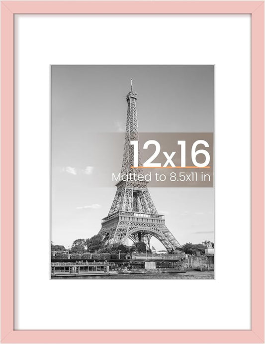 upsimples 12x16 Picture Frame, Display Pictures 8.5x11 with Mat or 12 x 16 Without, Wall Hanging Poster Frames, Pink, 1 Pack