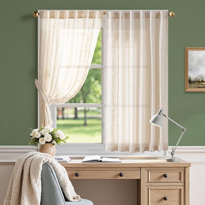 jinchan Winslow Linen Curtains 54 Inch Length Small Window Curtains Embroidered Bordered Floral Drapes Light Filtering for Bathroom Laundry Room Kitchen Farmhouse Decor White on Beige 2 Panels