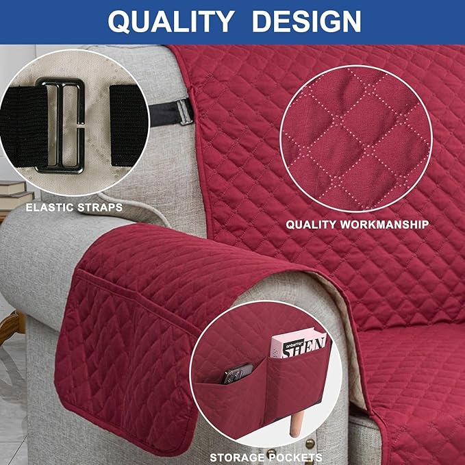 XINEAGE Quilted Sofa Cover Waterproof Couch Covers for 3 Cushion Couch, Super Soft Washable Slipcover with Pockets & Non-Slip Elastic Straps, Thick Furniture Protector (Sofa, Red)