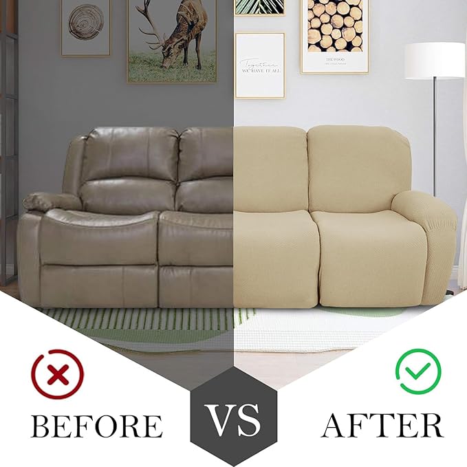 JIVINER 8-Piece Recliner Sofa Covers Stretch Jacquard Couch Covers for Reclining Slipcovers for Living Room 3 Cushion Soft Recliner Protector with Pocket (Sofa Recliner, Light Beige)
