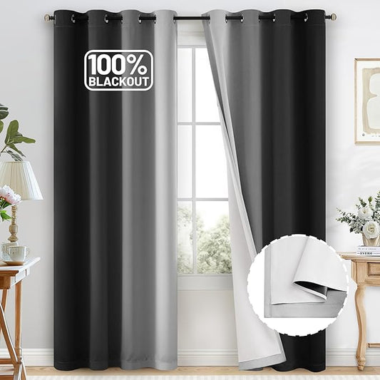 COSVIYA 100% Blackout Curtains for Bedroom with White Back, Double Layer Thermal Insulated Noise Reducing Grommet Window Curtains(52x90 Inch, Black and Greyish White, 2 Panels)