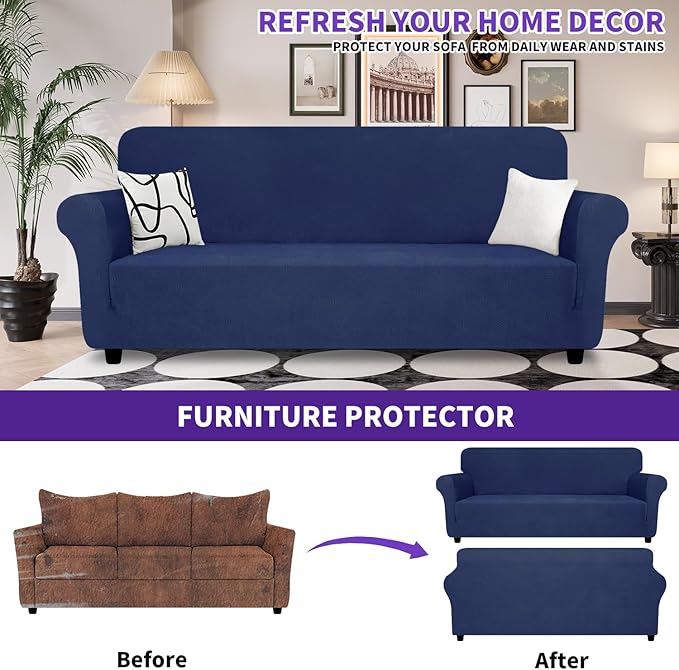 ZNSAYOTX Oversized Super Stretch Couch Cover (92"-115"), New Striped Sofa Covers Comfortable & Durable, Dog Cat Pets Friendly Extra Large Spandex Sofa Slipcovers (Navy Blue, XL Sofa)