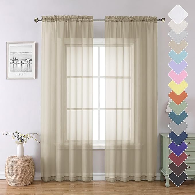 Lecloud Taupe Sheer Curtains 84 Inches Long 2 Panels, Light Filtering Solid Voile Sheer Tan Curtain for Kid's Room/Bedroom/Living Room, Top Dual Rod Pockets Stylish Breathable Window Drapes, 40W x 84L
