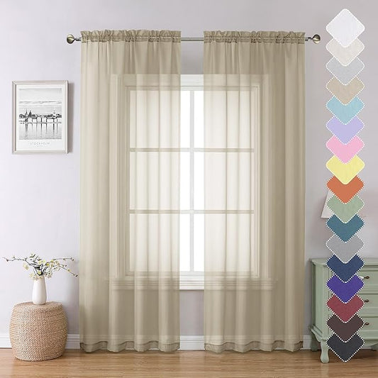 Lecloud Taupe Sheer Curtains 84 Inches Long 2 Panels, Light Filtering Solid Voile Sheer Tan Curtain for Kid's Room/Bedroom/Living Room, Top Dual Rod Pockets Stylish Breathable Window Drapes, 40W x 84L