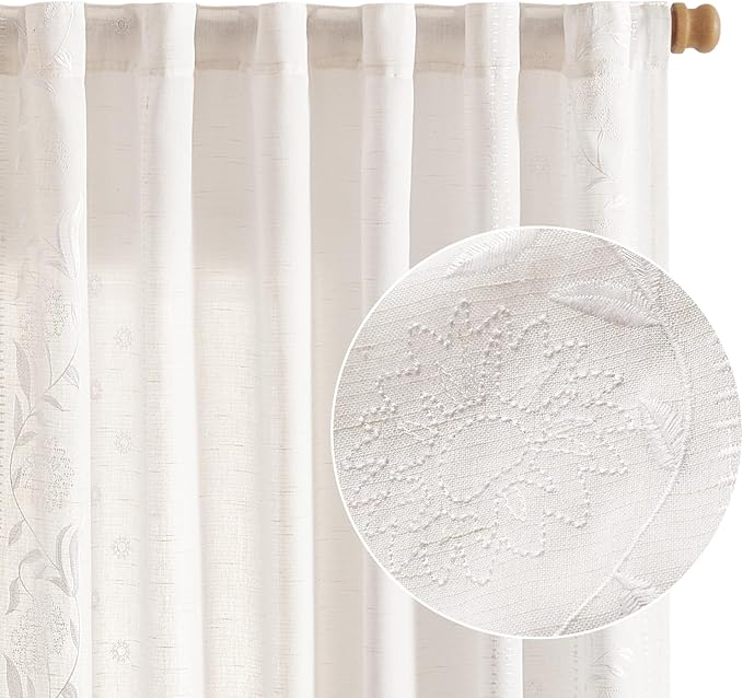 jinchan Winslow White Linen Curtains for Bedroom 84 Inches Length Embroidered Bordered Floral Curtains for Living Room Farmhouse Decor Light Filtering Window Treatments White on White Drapes 2 Panels