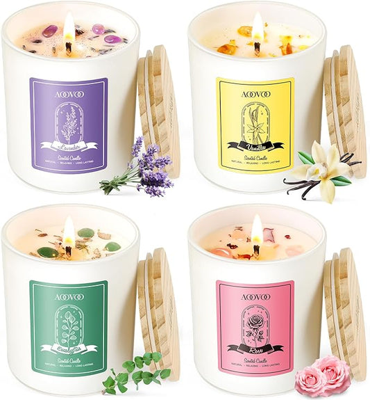 AOOVOO Rose/Vanilla/Eucalyptus/Lavender Scented Candles for Women - Aromatherapy Candle with Crystals Inside, 28oz Soy Candles for Home Scented, Birthday Gifts Mothers Day Candle for Women Mom