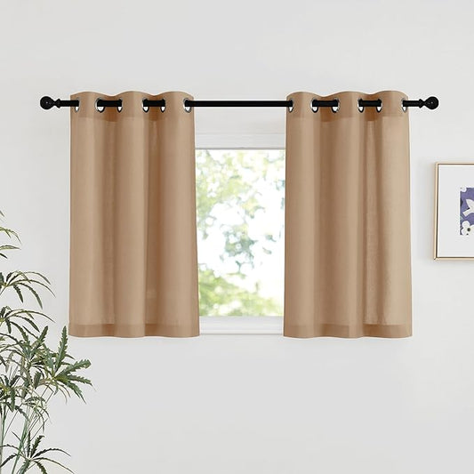 NICETOWN Camel Linen Kitchen Window Curtains Over Sink, Grommet Thick Linen Camel Short Window Treatments Privacy Assured with Light Filtering for Bedroom/Bathroom, W34 x L36, 2 Panels