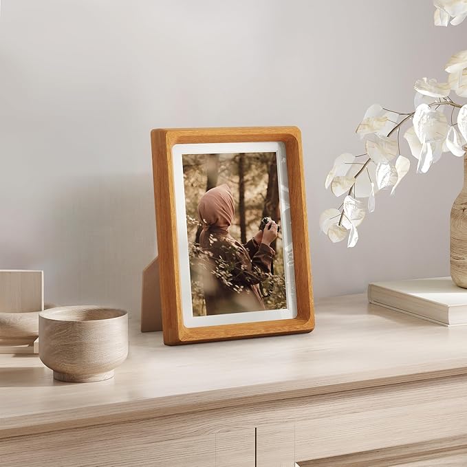 Fun Memories 5x7 Picture Frame, USA-Sourced Teak Wood Photo Frames with HD Tempered Glass, Handcrafted Rounded Corner 5 x 7 Wooden Frames Matted to 4x6 Photos, 5x7 Frame, Tabletop or Wall Display