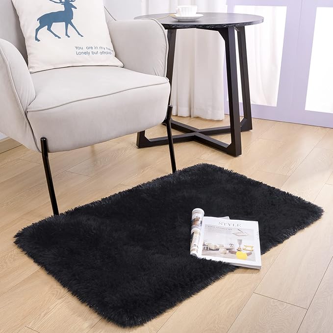 Noahas Door Mat Indoor Entrance,2x3 Shaggy Small Black Area Rugs for Entryway,Non-Slip Fluffy Entry Bedroom Rug,Soft Plush Bedside Throw Kids Carpet