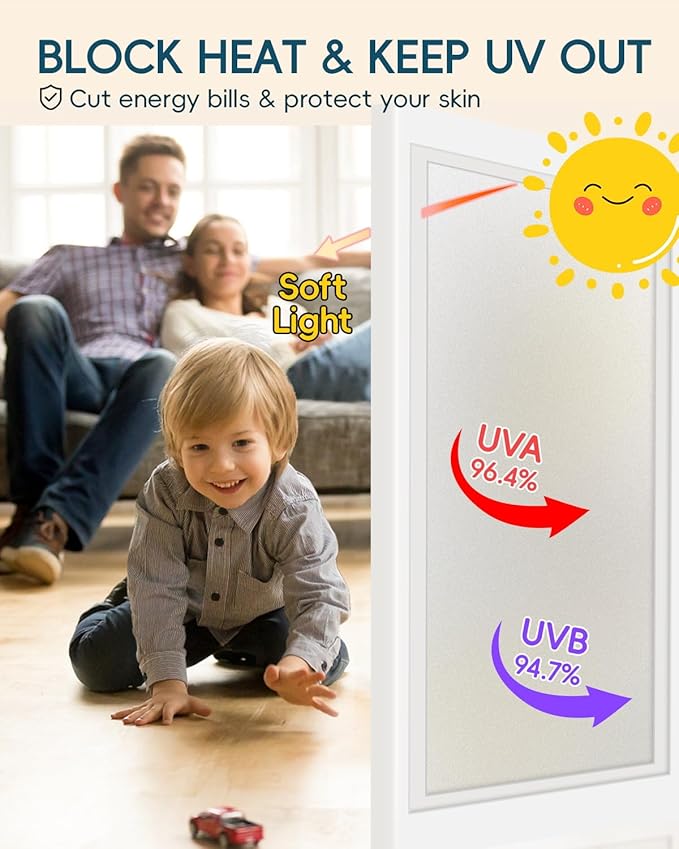 Frosted Glass Window Privacy Film Decorative, Bathroom Window Privacy Film for Glass Windows Cover, Static Cling, Removable, Reusable, Anti-UV, Anti-Glare, Heat Blocking, 17 by 78 inch