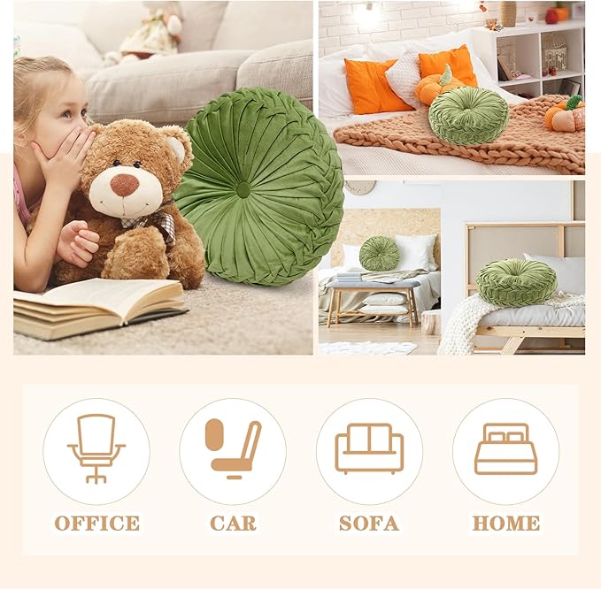 Drydiet 1 Pcs Round Throw Velvet Pillows Decorative Pleated Throw Pillows 15'' Diameter Accent Pumpkin Boho Chair Cushion for Couch Sofa Home Decoration (Olive Green)